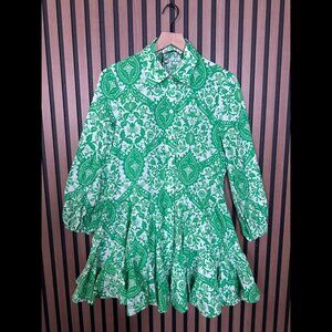 New Zara Shirt Dress Small Womens White Green Fit & Flare Button Floral Paisley
